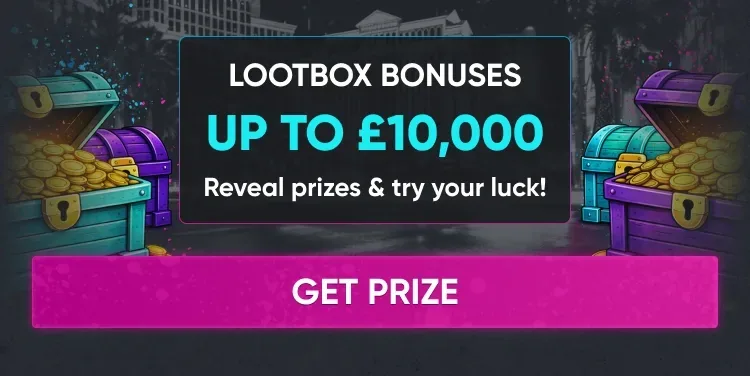 Britisino lootbox bonuses worth up to £10,000 with open treasure chests full of gold coins
