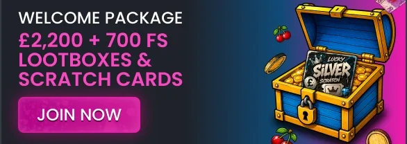 Britisino welcome package banner: £2,200 + 700 free spins with lootboxes and scratch cards